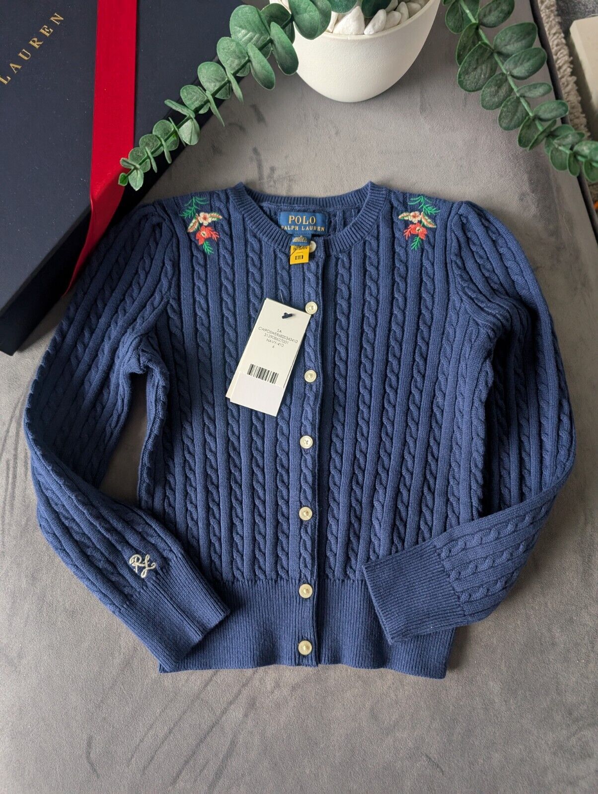 New Ralph Lauren Girls Knitted Cardigan 6 Years Gift Navy Floral Embroidery Cute