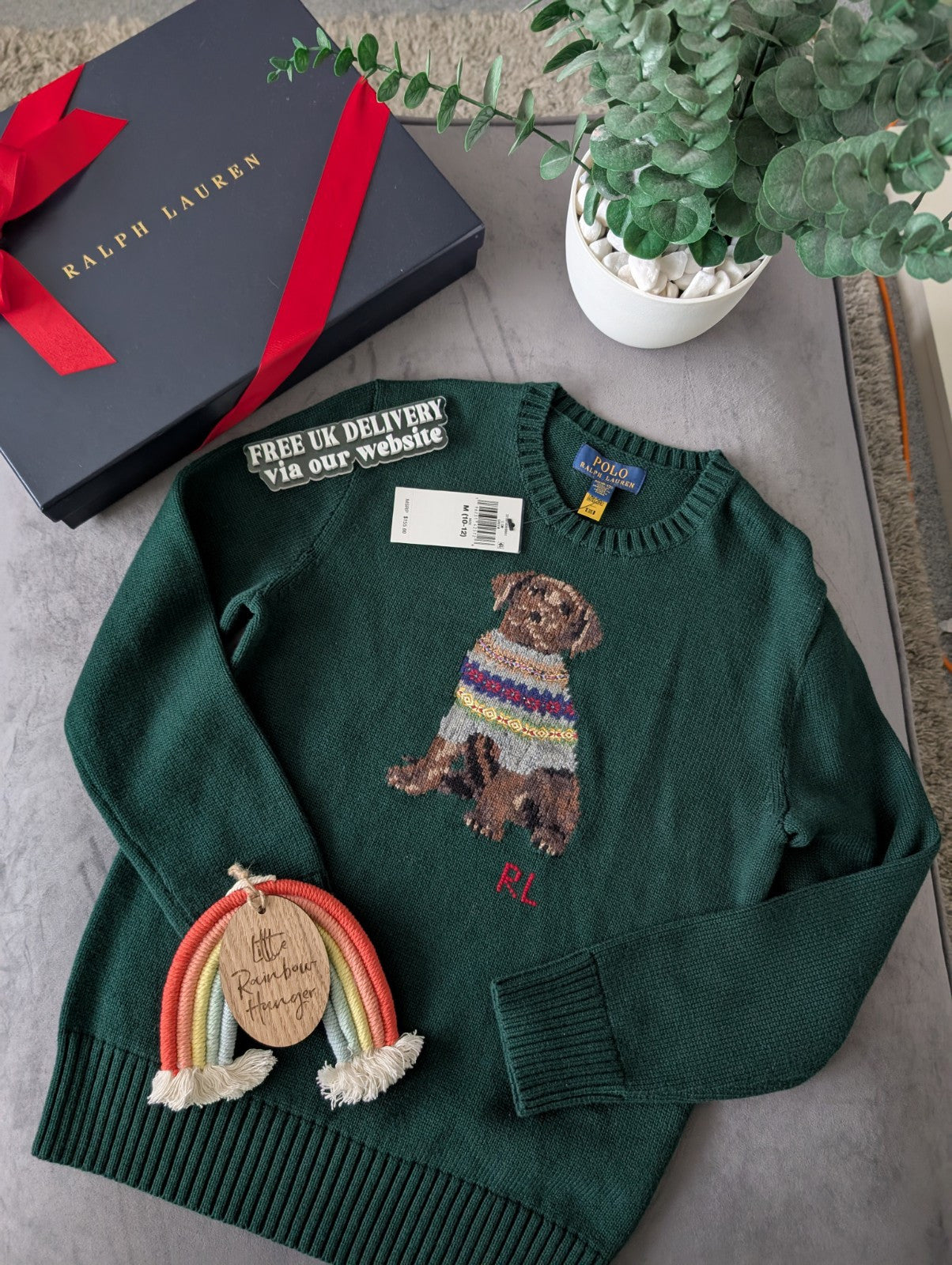 New 2024 Ralph Lauren Green Unisex Dog Knit Jumper Sweater Moss 10-12y £159 Gift