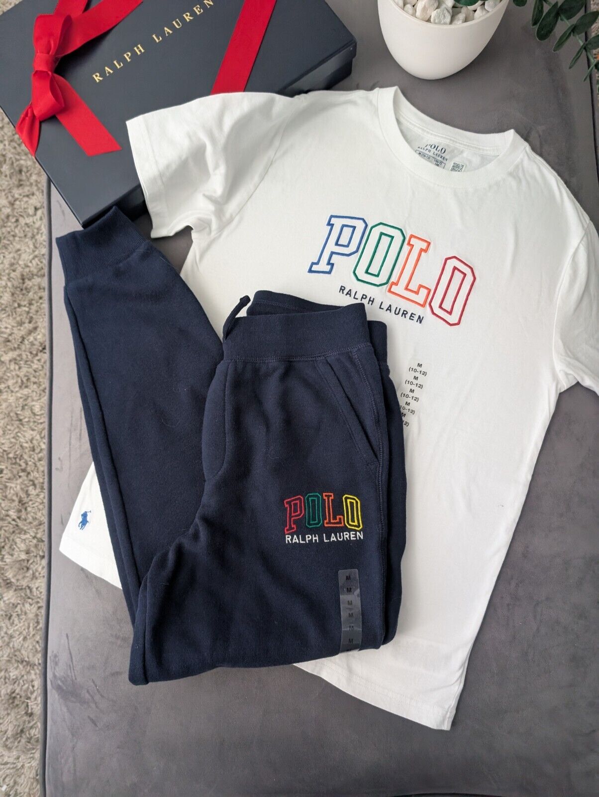 New Ralph Lauren Boys Kids Top + Jogger White Navy Embroided Logo Pony 10yr Gift