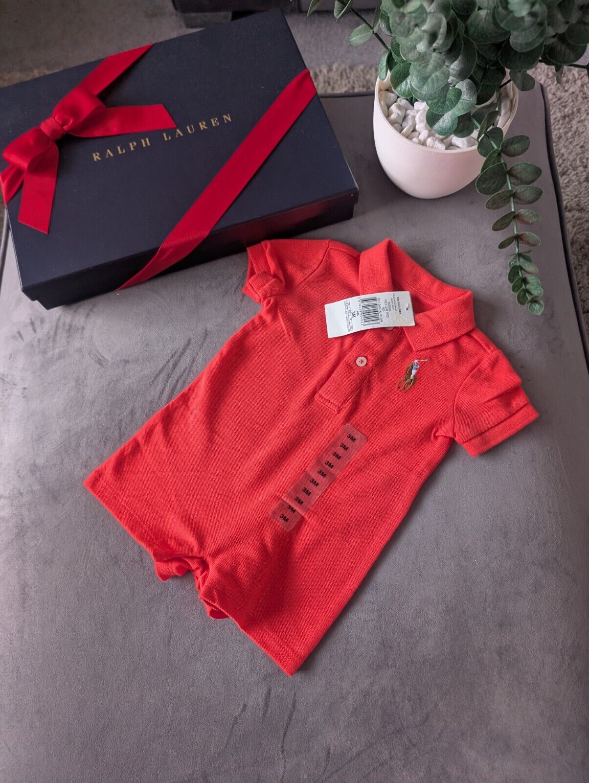 New Ralph Lauren Baby Boy Red Embroidered Pony Logo  Romper 0-3m Gift Cute