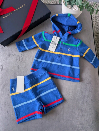 New Ralph Lauren Baby Boy Blue Short And Hoodie Set Gift Stripe Multi 0-3m Cute