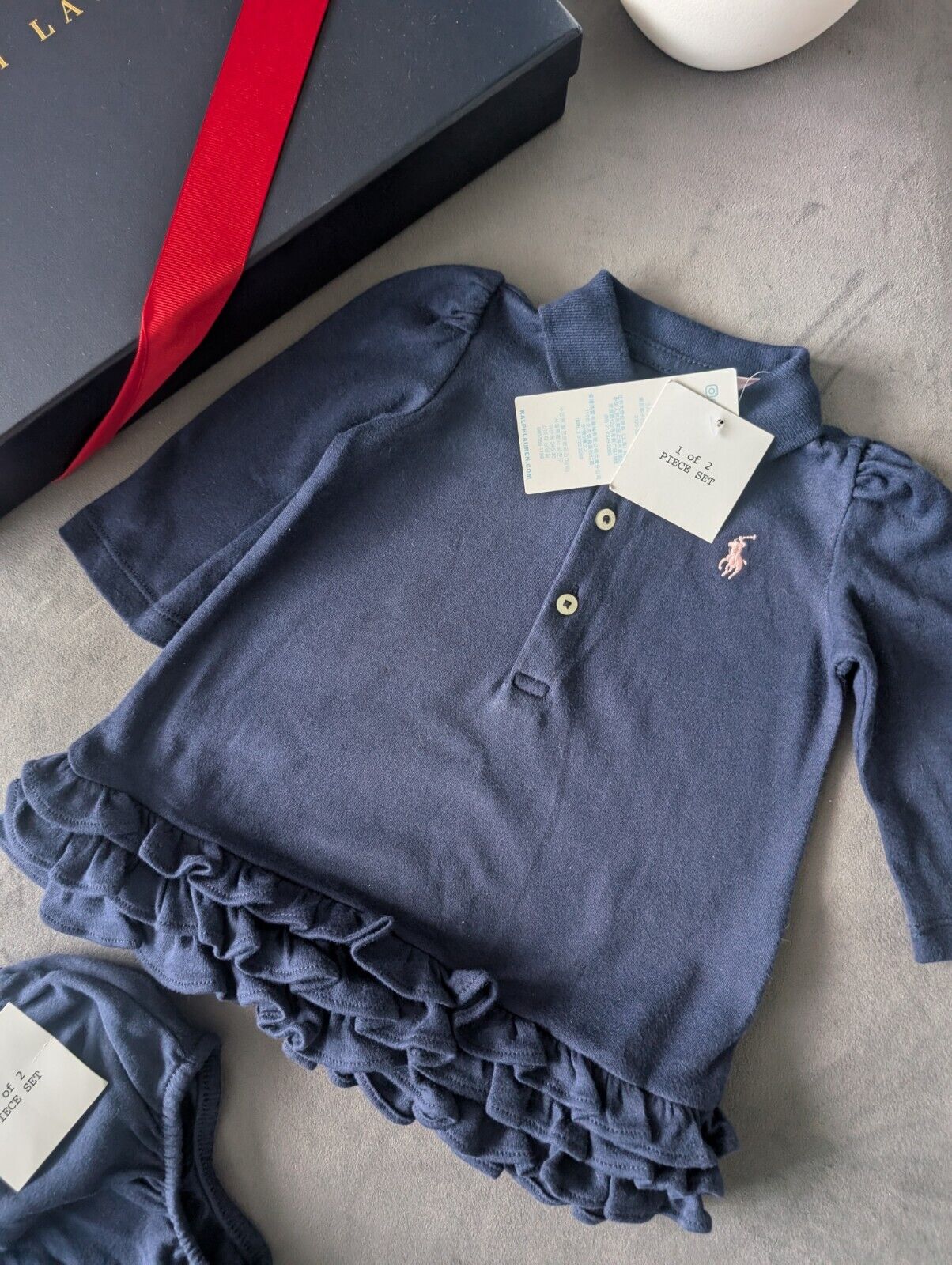 New Ralph Lauren navy long sleeve cupcake polo frill dress + bloomers 0-3m gift