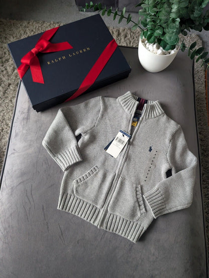 New 2024 Season Ralph Lauren boys smart Grey Full zip Grey knit jumper 5-6y