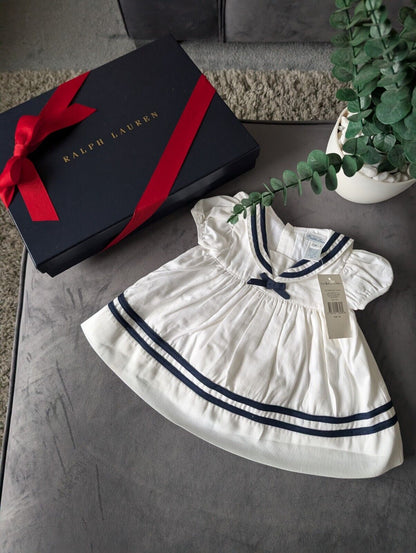 New stunning Ralph Lauren baby girls sally sailor dress white navy bow 0-3m