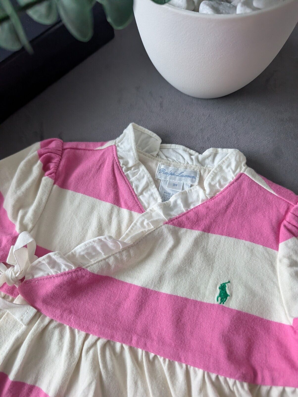 New Stunning Ralph Lauren Baby Girls Pink White Stripe Dress + Bloomer 6-9m Gift