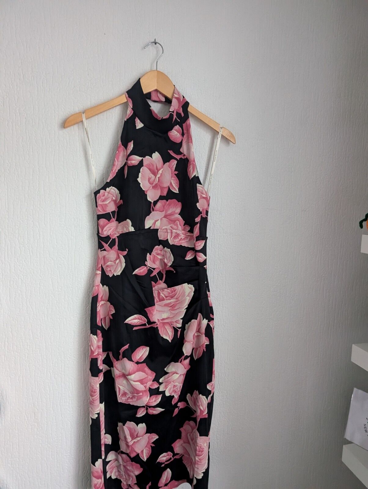 New Karen Millen Rose Print Halterneck Dress In Black/ Pink Size UK 12 Occasion