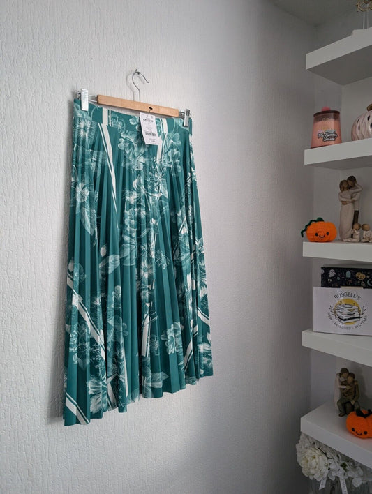 Next Green Floral Pleated Midi Scuba Skirt Elastic Waist Size 10 Autumn Casual