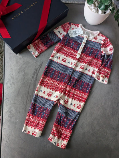 New Ralph Lauren baby Red All In One Baby Grow Aztec Fair Isle Heart gift 6-9m