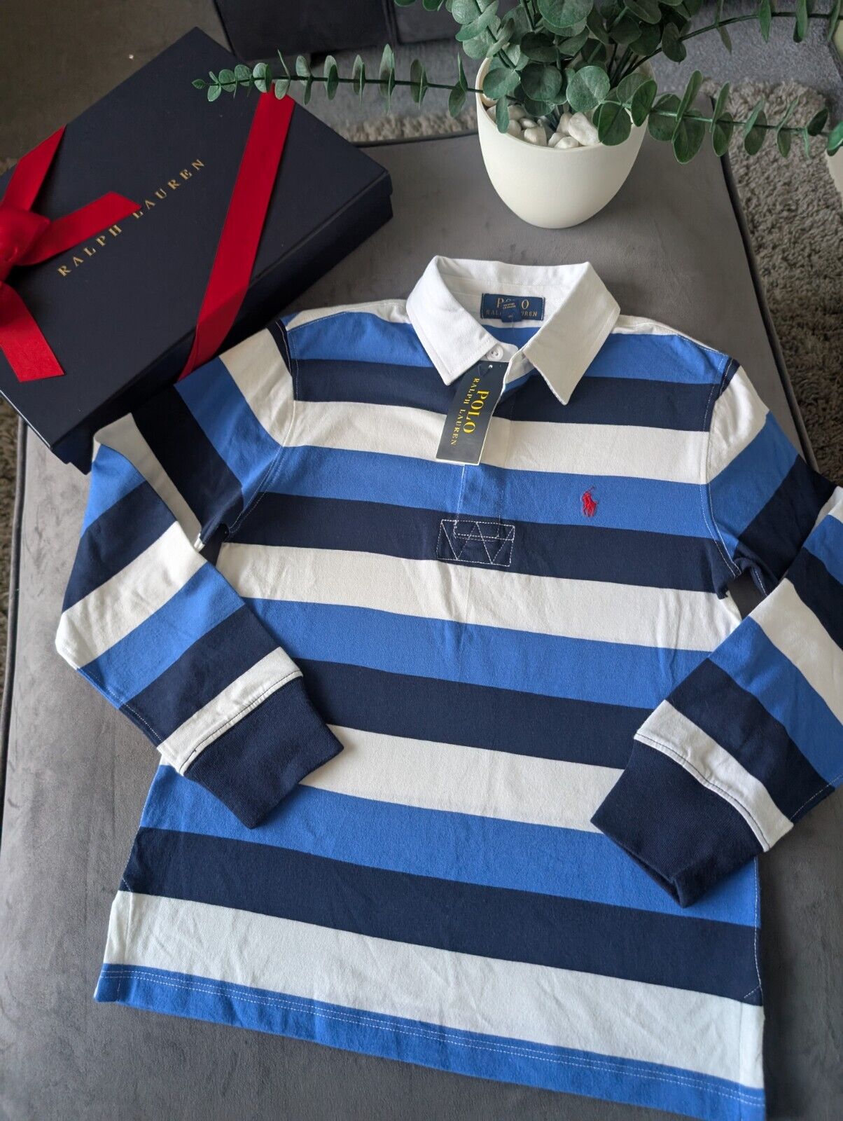 New Ralph Lauren Boys Rugby Style Stripe Long Sleeve Polo Blue White  8y Boys