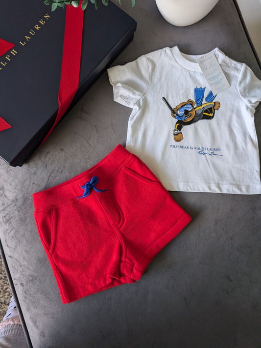 New polo Ralph Lauren baby t shirt bear scuba dive Bear + Shorts 1-3m gift Summer