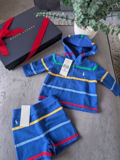 New Ralph Lauren Baby Boy Blue Short And Hoodie Set Gift Stripe Multi 0-3m Cute