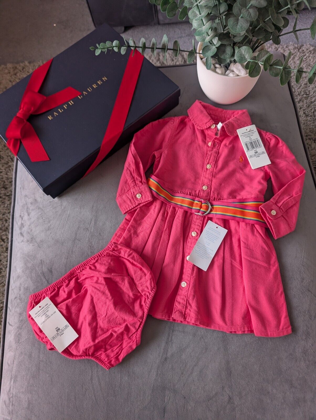 Ralph Lauren Polo girls buttoned Oxford Shirt dress Pink Belt Yellow 6-9m Gift