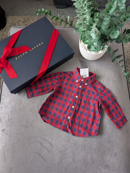 New Ralph Lauren Baby Boy Checked Shirt Smart Occasion Gift Age 3m Red L Sleeve