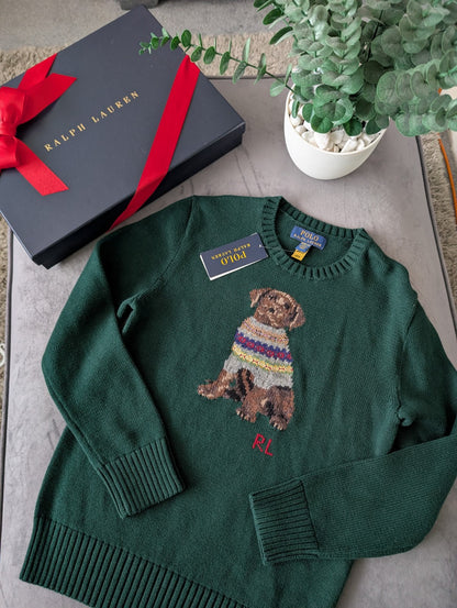 New 2024 Ralph Lauren Green Unisex Dog Knit Jumper Sweater Moss 10-12y £159 Gift