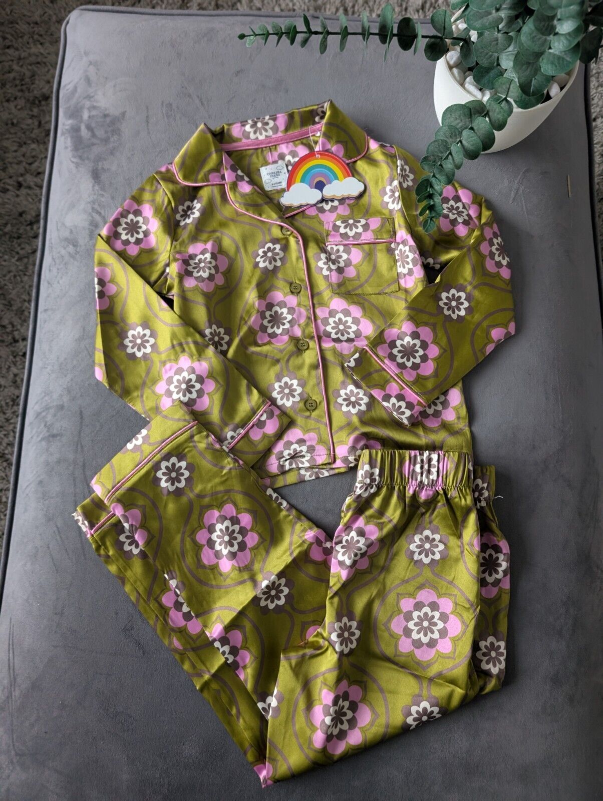 New Chelsea Peers Kids Yellow Satin Green Pink Print Pyjama Set Yellow Age 3-4yr