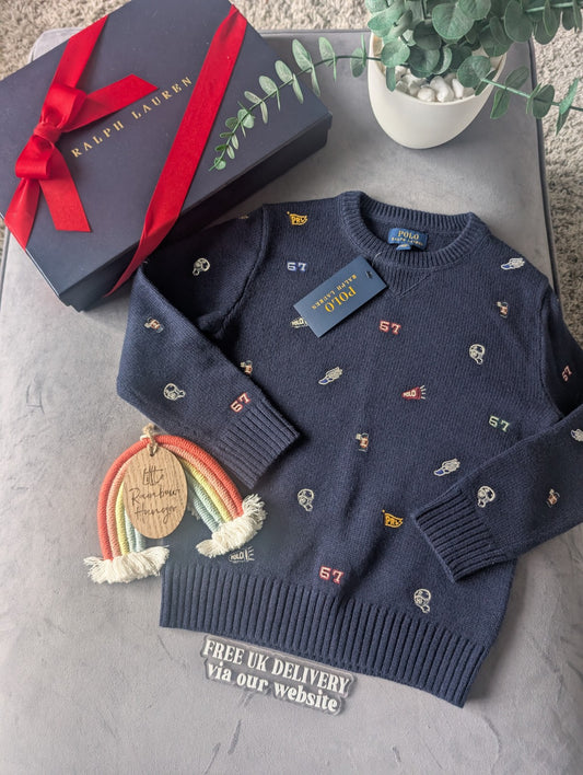 New Ralph Lauren Boys Navy Blue Patchwork 6-7yrs Jumper Thin Knit Gift Graphic