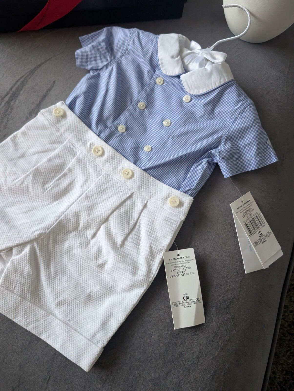 New Gorgeous Ralph Lauren Baby Boys Blue Gingham 2inOne Outfit Shirt Short 3-6m