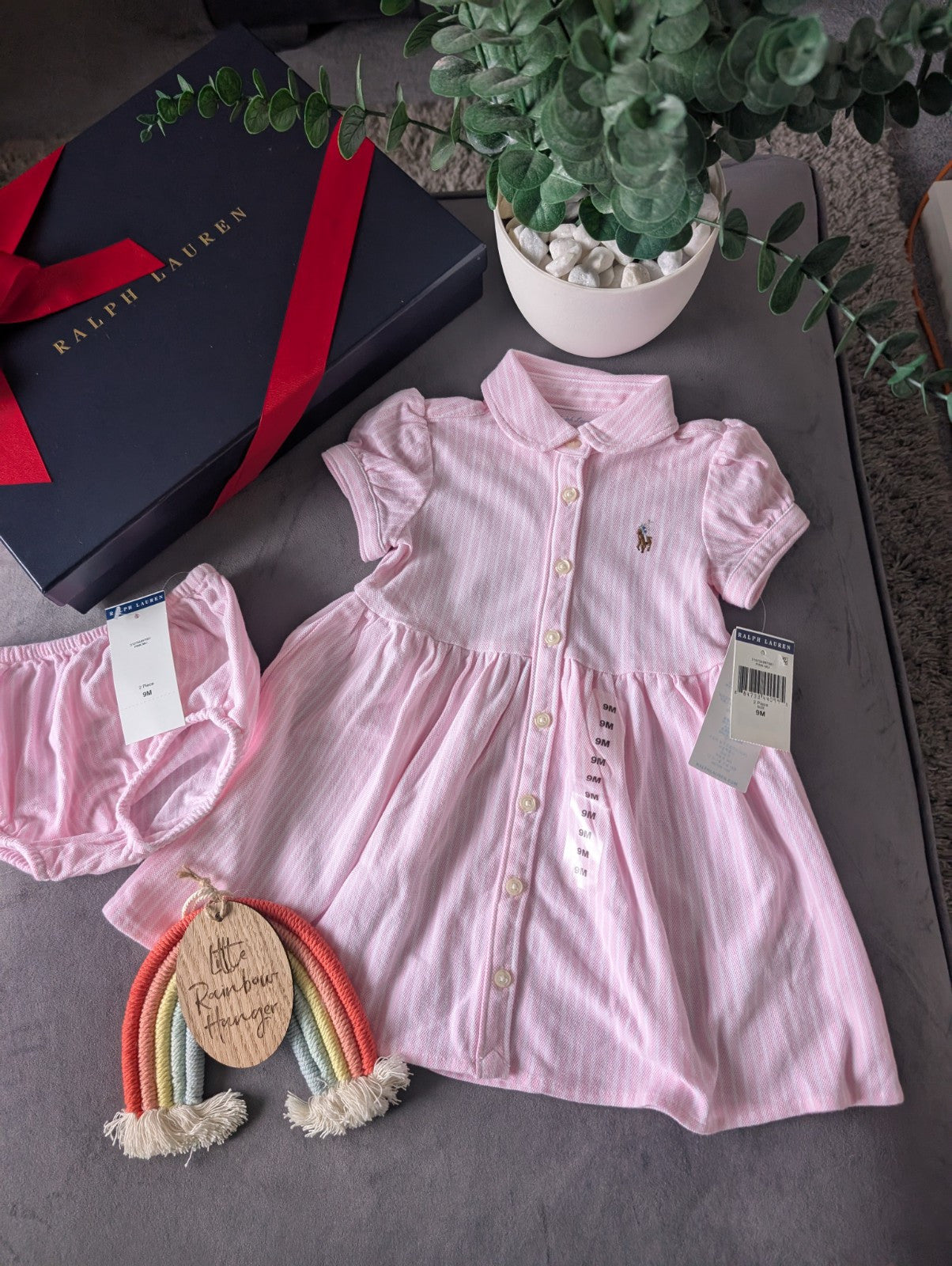 New Ralph Lauren Baby Girl Oxford Mesh Dress & Bloomer Carmel Pink 6-9m Gift