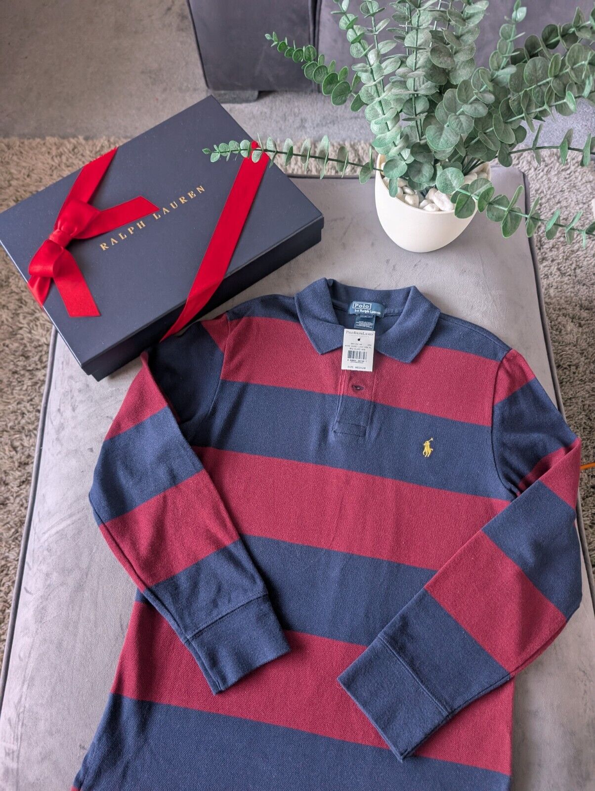 New Ralph Lauren Boys Rugby Style Stripe Long Sleeve Polo Burgundy Navy 10y Boys