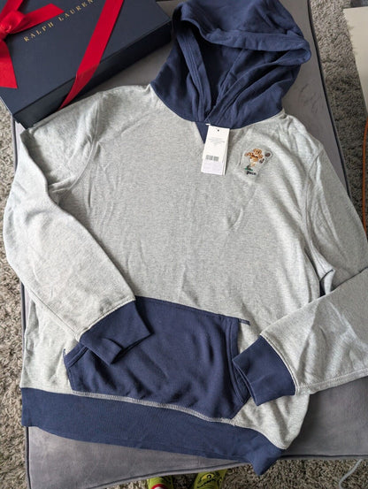 New Ralph Lauren Boys Grey Rugby Bear Fleece Navy XL  Hoodie 16y Gift Casual