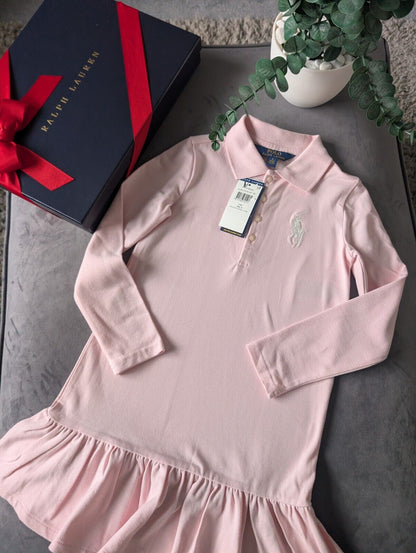 New Ralph Lauren girls Baby Pink Polo dress long sleeve frill age 6  gift