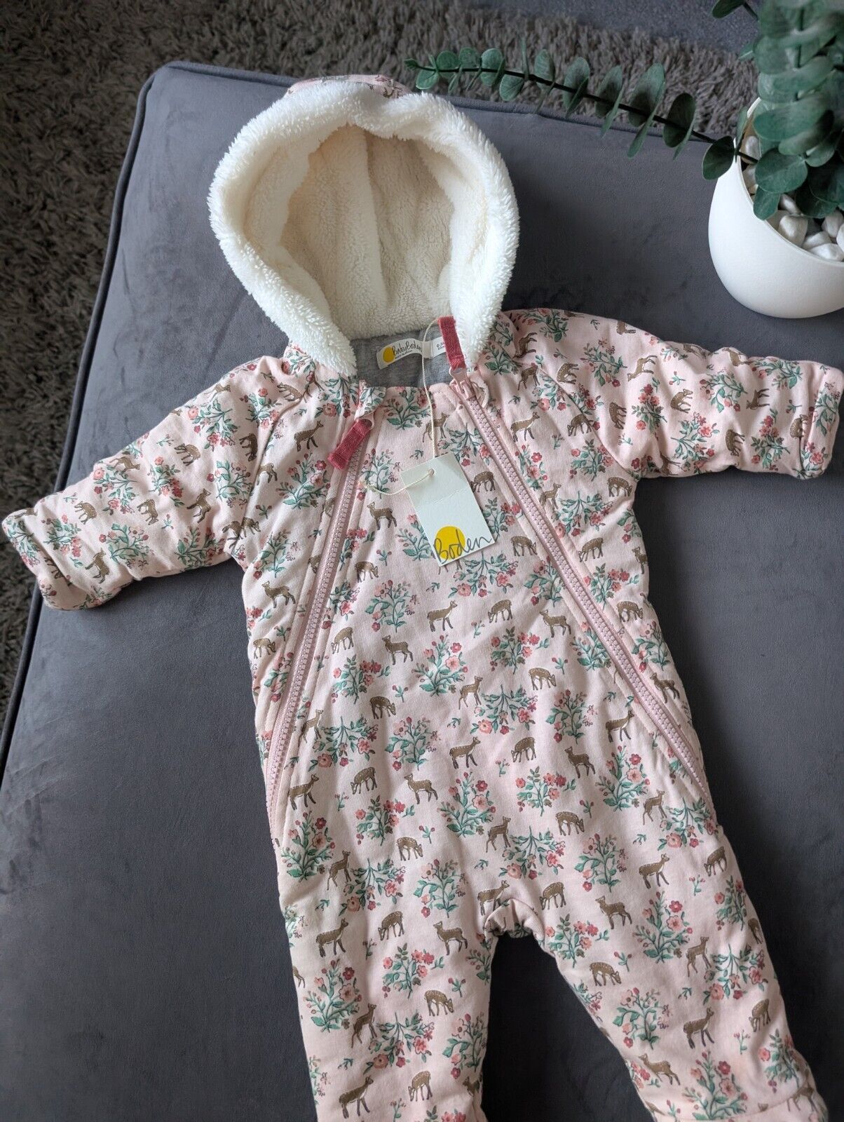 New Boden Baby Girls Snowsuit Sherpa Lined All In One pink Deer 0-3m Gift Cute