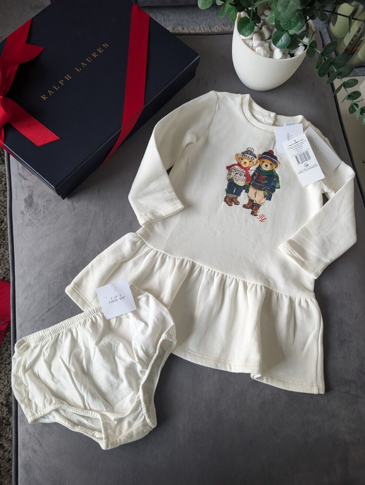 New Ralph Lauren Girls White Sweatshirt Dress Bear Duo Pretty Flare Gift 18mths