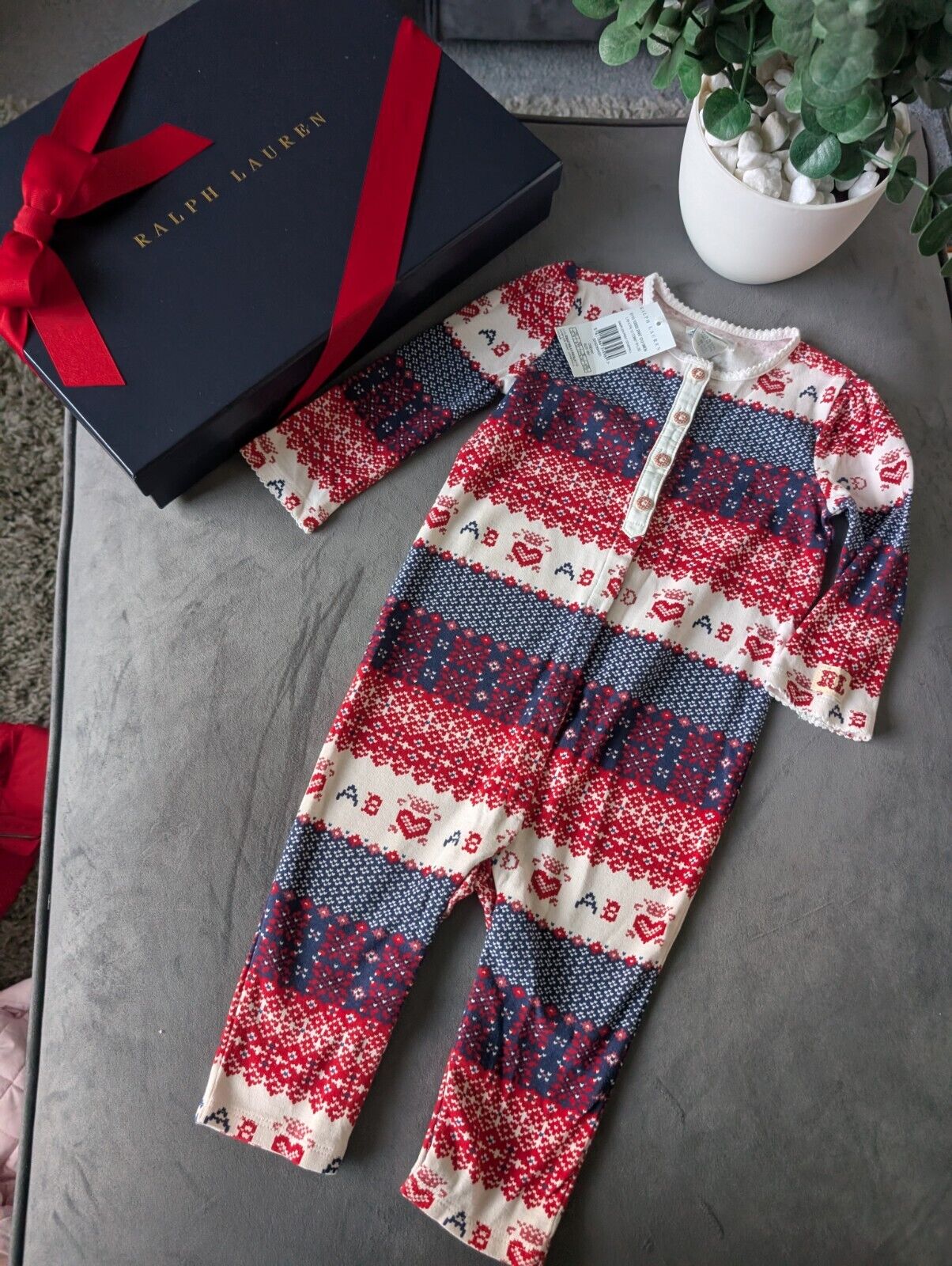 New Ralph Lauren baby Red All In One Baby Grow Aztec Fair Isle Heart gift 6-9m