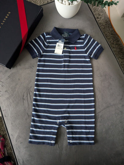 New Ralph Lauren Baby Boy Blue Navy Stripe Romper 12-18m Gift cute summer