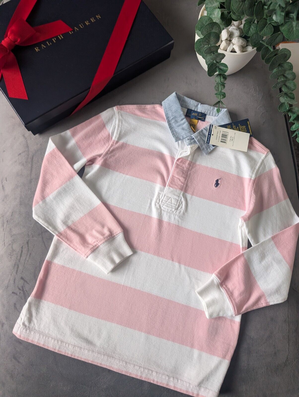 New Ralph Lauren Boys Iconic Pink White Stripe Long Sl Polo Shirt Smart Gift 6y