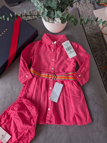 Ralph Lauren Polo girls buttoned Oxford Shirt dress Pink Belt Yellow 6-9m Gift