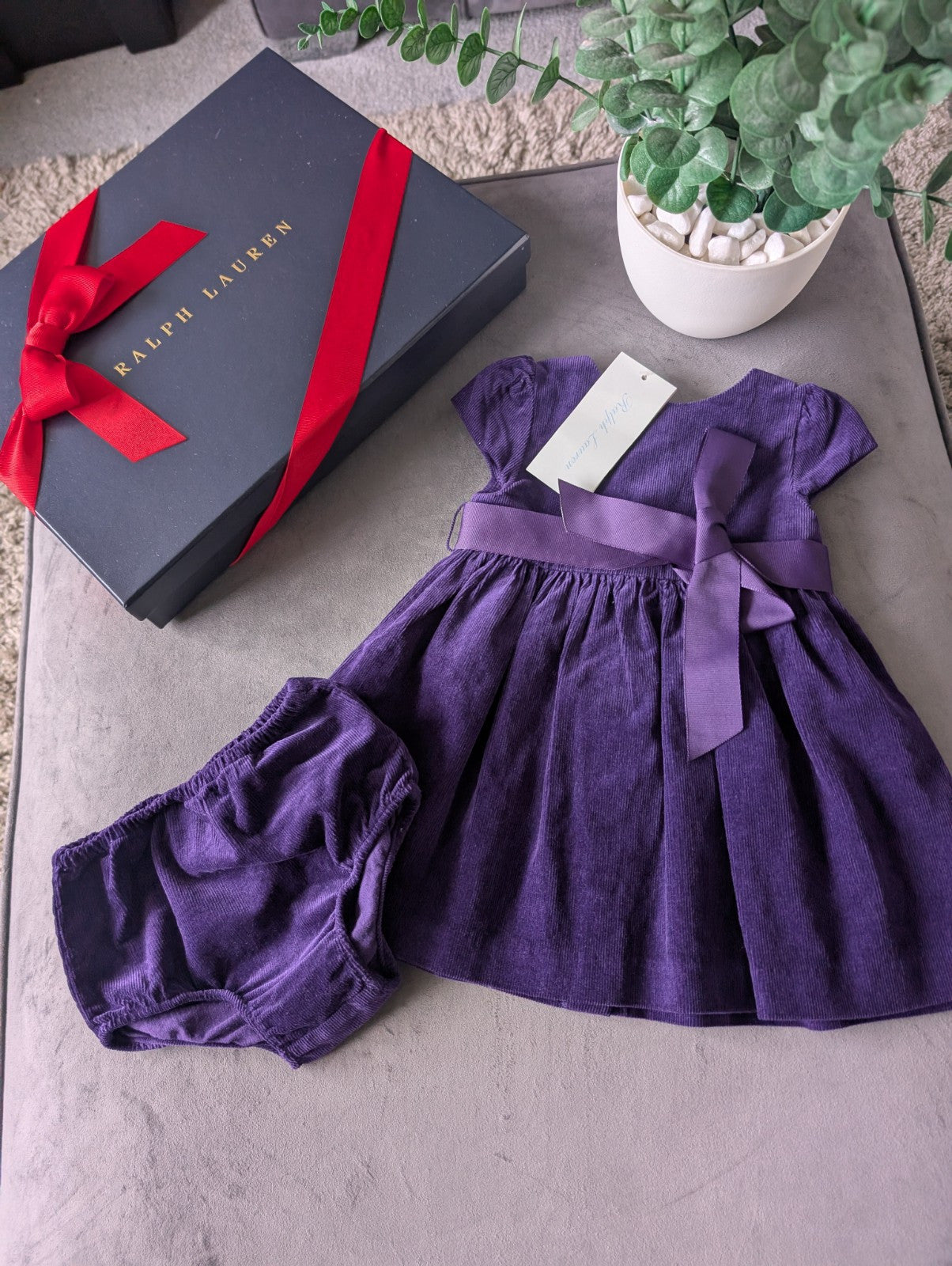 New Ralph Lauren Baby Girls Corduroy Purple Dress Belted + Bloomer Gift Cute 3-6