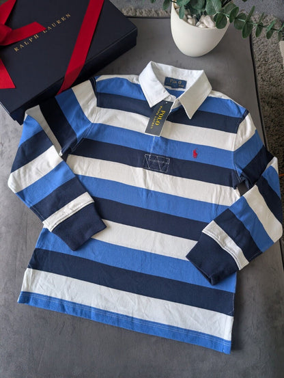 New Ralph Lauren Boys Rugby Style Stripe Long Sleeve Polo Blue White  8y Boys