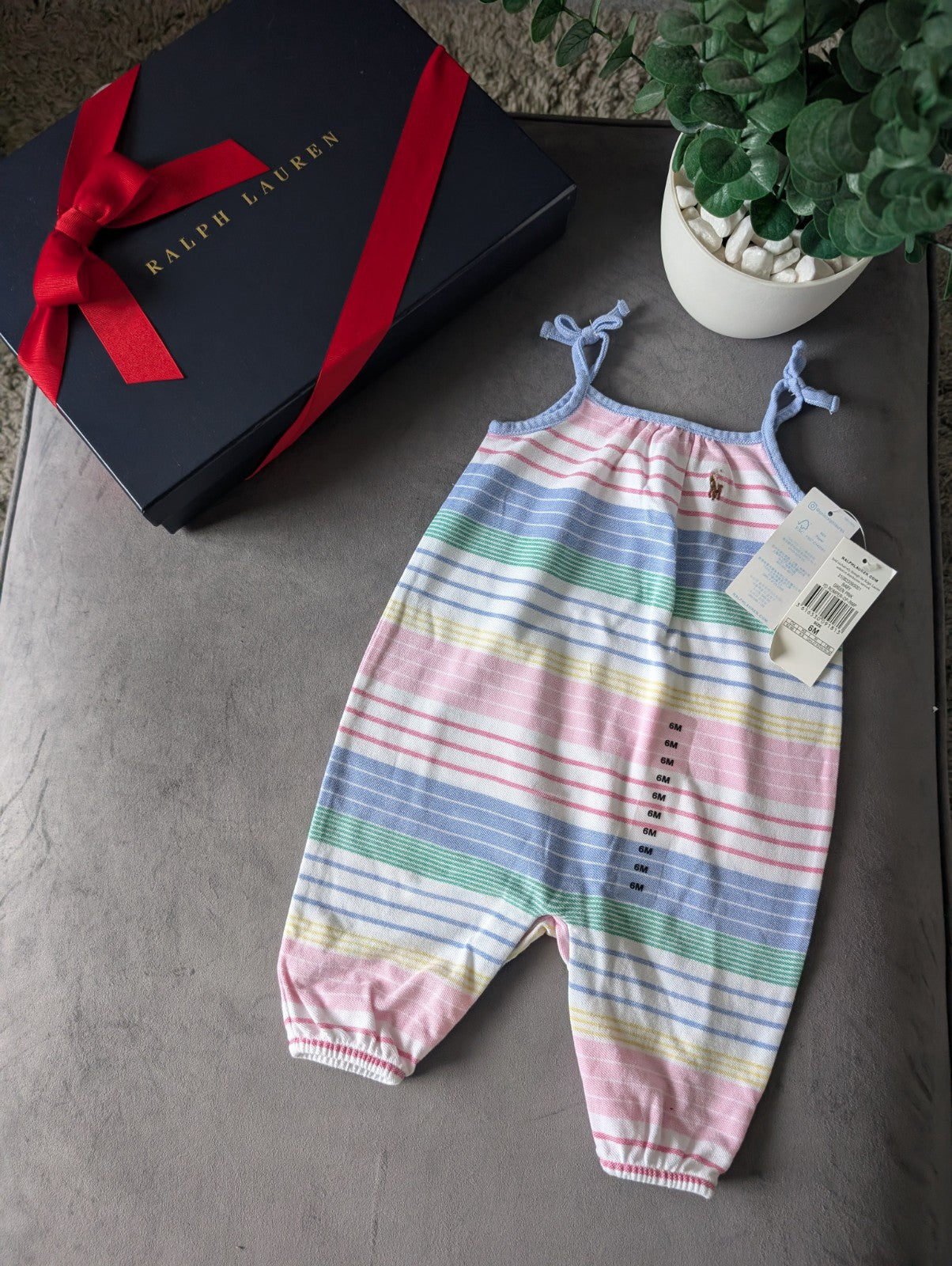 New Ralph Lauren Bubble Shortall Pink Stripe Summer Multi Romper One-Piece 3-6m