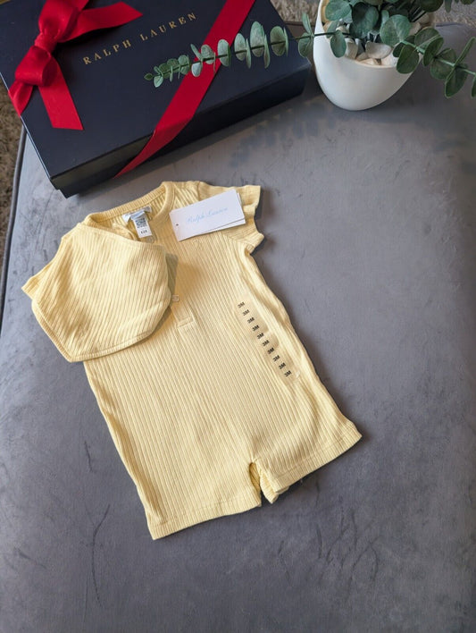 New Ralph Lauren Baby Boy Romper Yellow + Bib Pony Logo Gift New 0-3m  £70