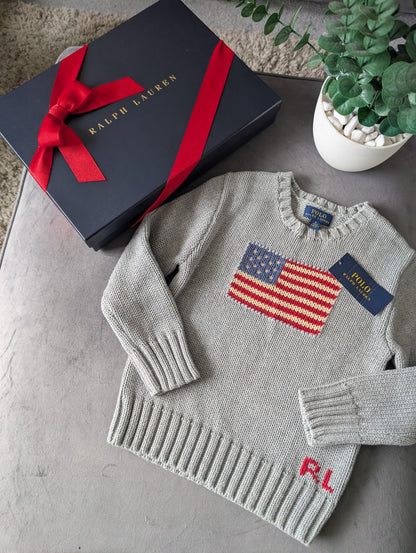 New Polo Ralph Lauren Grey Smart American flag jumper age UK 4-5yr USA Boys Gift