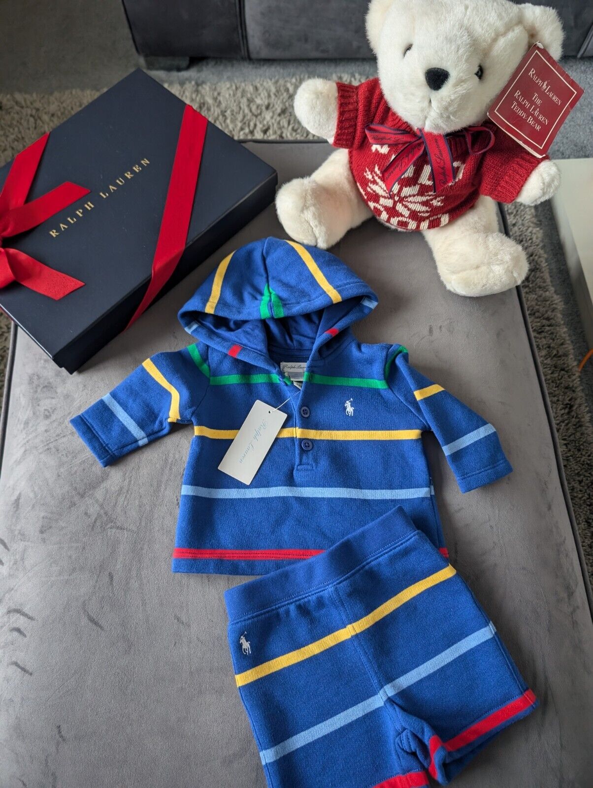 New Ralph Lauren Baby Boy Blue Short And Hoodie Set Gift Stripe Multi 0-3m Cute