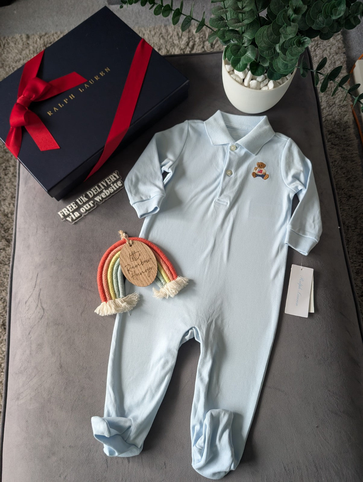 New Ralph Lauren Baby Boys Bear Embroidered All In One Sleep suit Gift 9m £60rrp