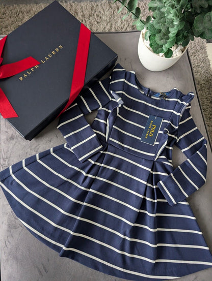 New Polo Ralph Lauren Girls Navy Striped Ruffled Ponte Dress Ruffle 4 Yrs