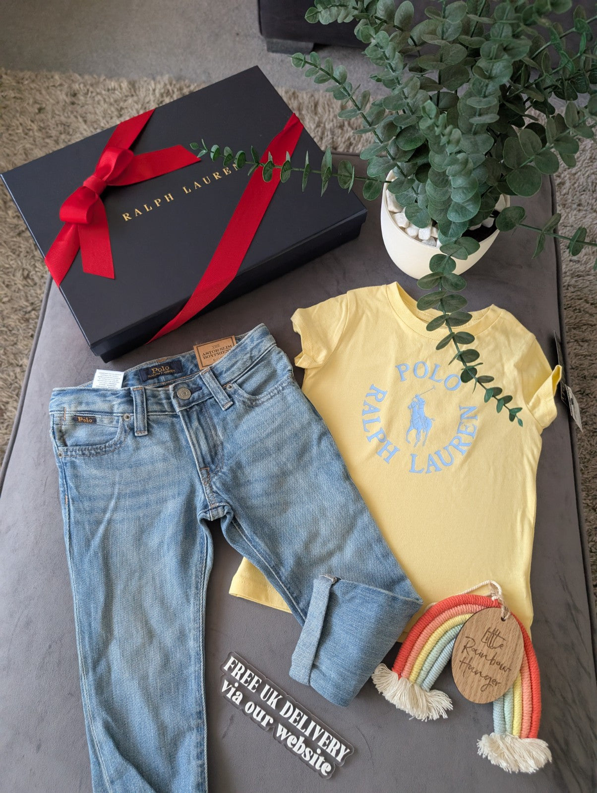 New Ralph Lauren Girls Yellow T Shirt + Blue Denim Boyfriend Jeans Summer 2yrs