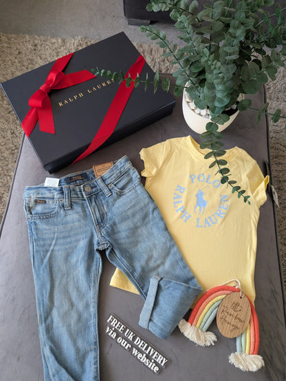 New Ralph Lauren Girls Yellow T Shirt + Blue Denim Boyfriend Jeans Summer 2yrs