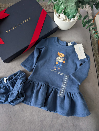 New Gorgeous Ralph Lauren Baby Girls Navy Bear Golf Dress Sweater + Bloomer 6m