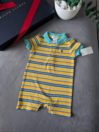 New Ralph Lauren Baby Boy Yellow Blue Smart Romper 0-3m Gift Summer Shortall