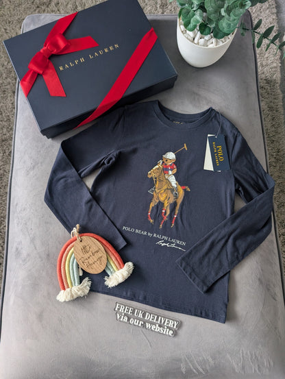 New Ralph Lauren Girls Horse Long Seeve T Shirt 6-7yr Smart Navy Cute Gift