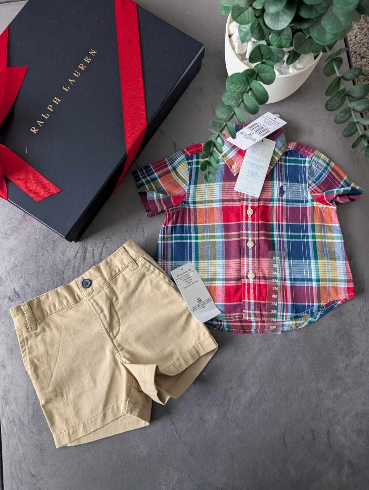 New adorable Ralph Lauren boys Check Shirt + Chino Short Smart Cute 0-3m Gift