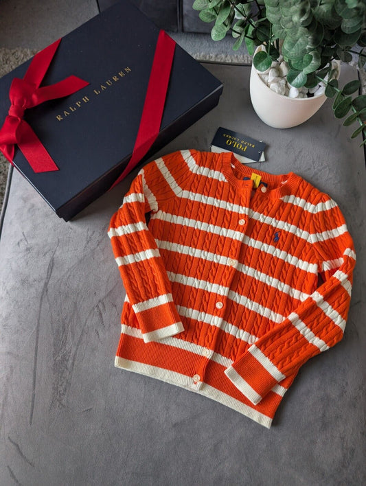 New Ralph Lauren Girls Knitted Cardigan 4 Years BNWT Orange White Stripe Gift