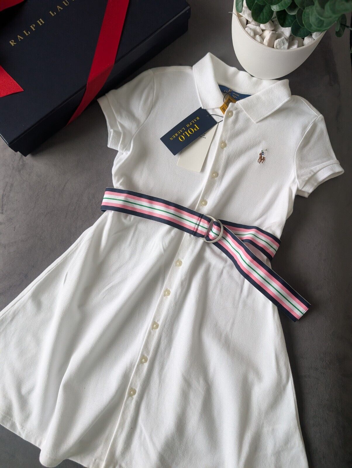 New Girls Polo Ralph Lauren White Polo Dress White Tennis Belted age 6-7yrs Gift