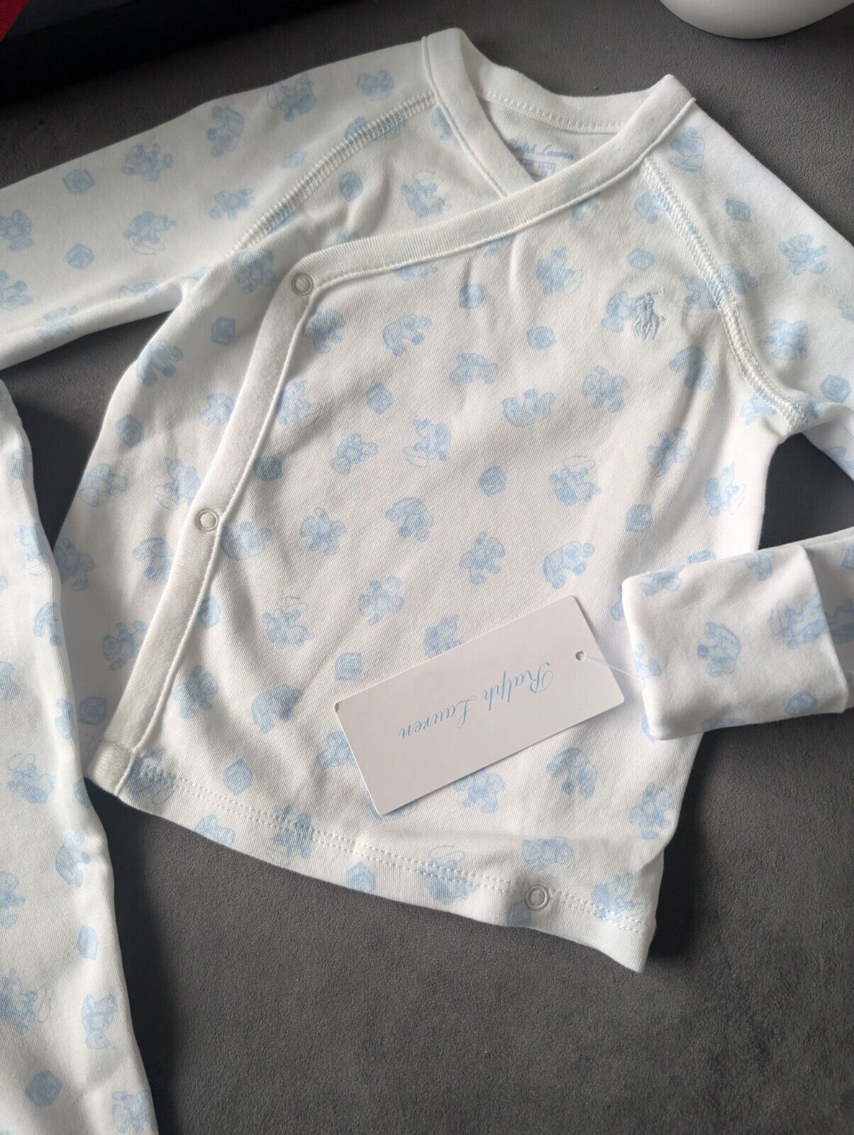 New Ralph Lauren Baby Boy 2 Piece Pyjamas Set 3-6m Blue White Gift  Top +Bottoms