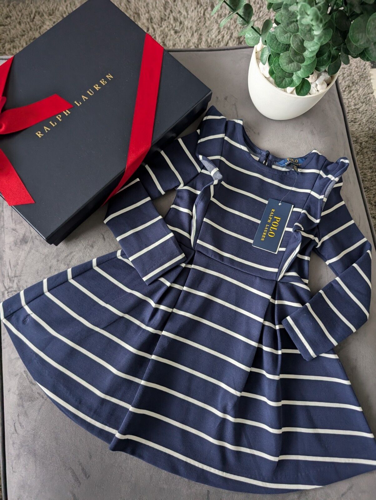 New Polo Ralph Lauren Girls Navy Striped Ruffled Ponte Dress Ruffle 4 Yrs