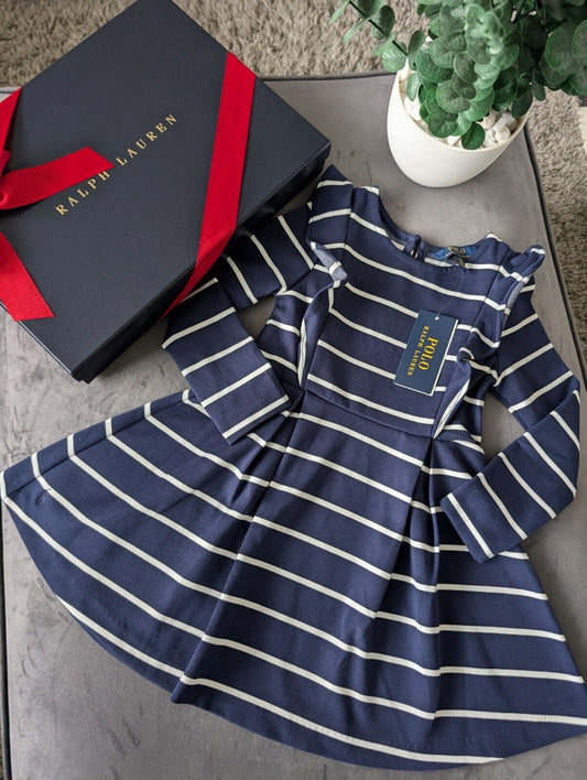 New Polo Ralph Lauren Girls Navy Striped Ruffled Ponte Dress Ruffle 4 Yrs